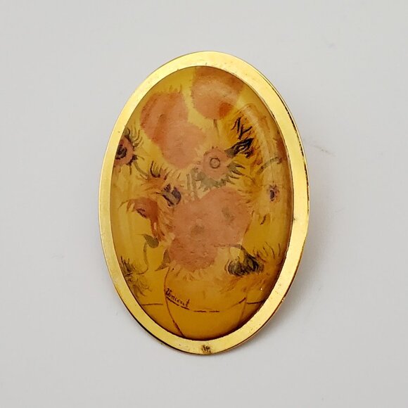Vintage VAN GOGH ' Sunflowers ' Image Oval Gold Rim Brooch Pin Domed Glass - Picture 2 of 5